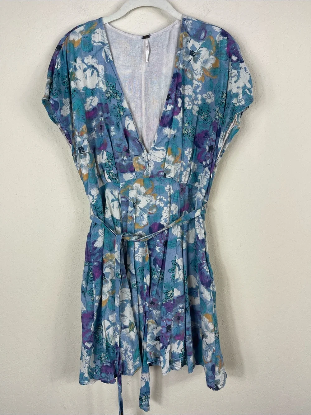 Free People Freddy Tie Mini Dress Blue Watercolor Floral Size Medium
